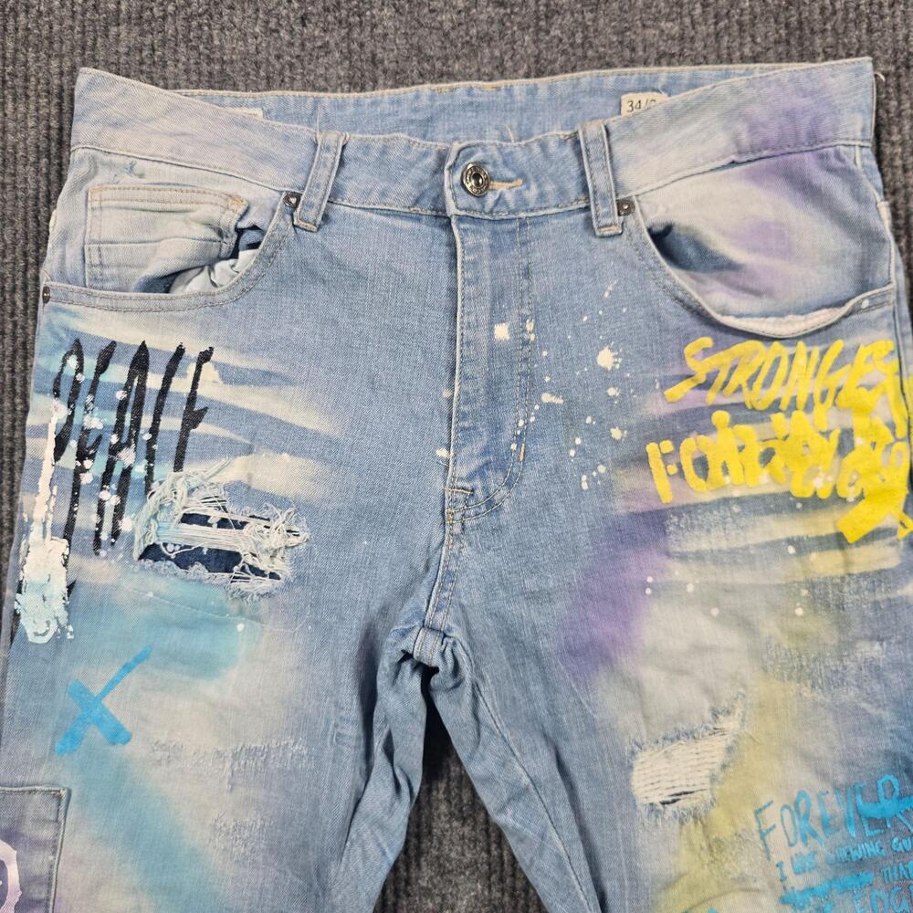 Smoke Rise Jeans Mens 34x34 Blue Light Wash Skinny Slim Art Distress Paint 34x32